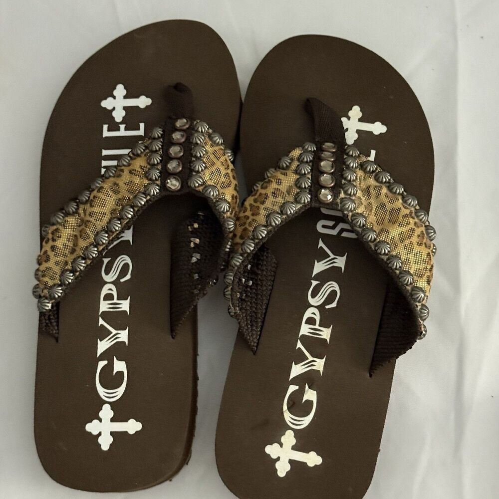 Gypsy Soule Leopard Rhinestone Flip Flop Sandals Women’s Size 7 Boho Bling NWOT - Picture 3 of 15